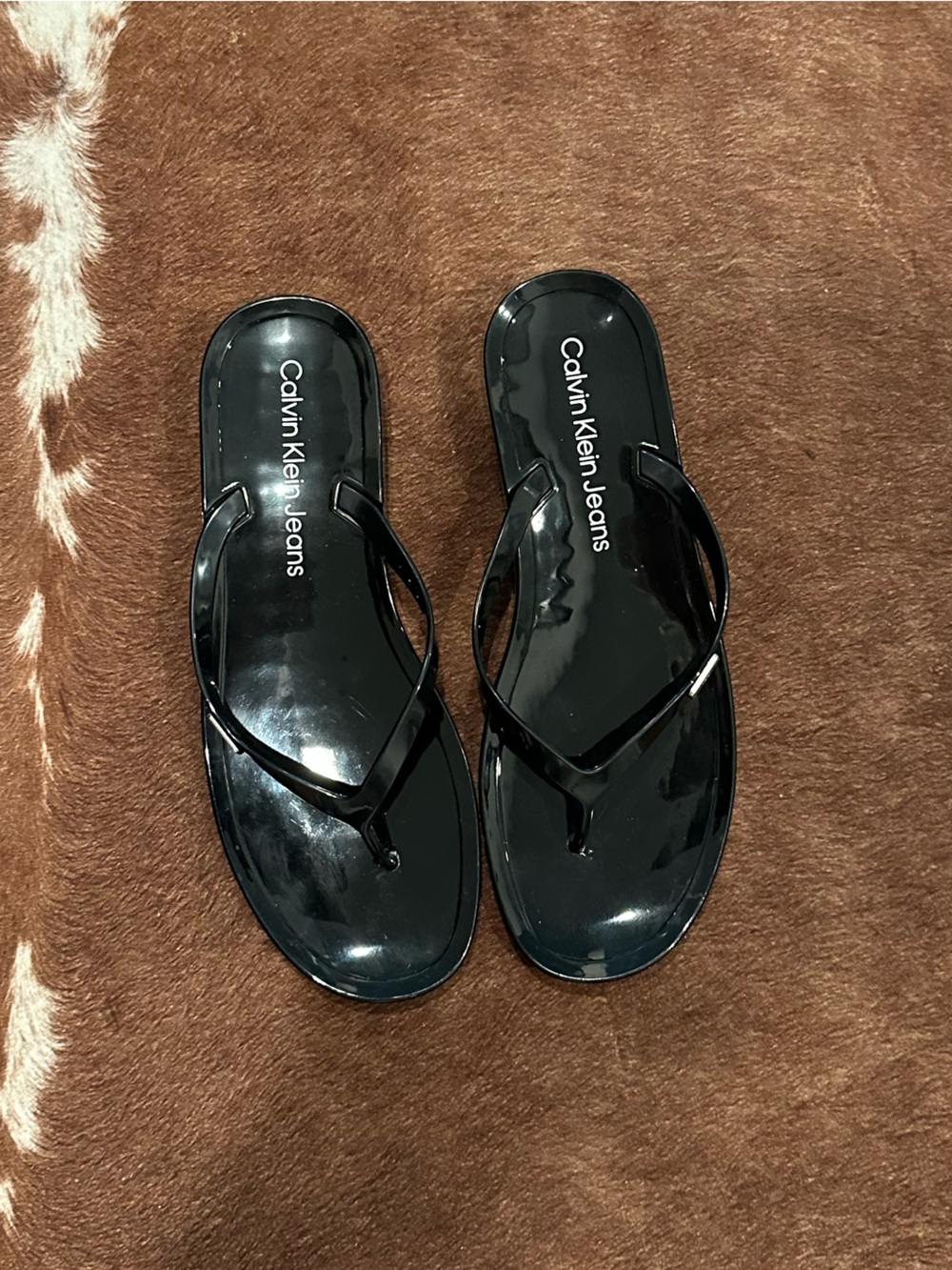 Calvin Klein Glossy Black Patent Thong Sandals